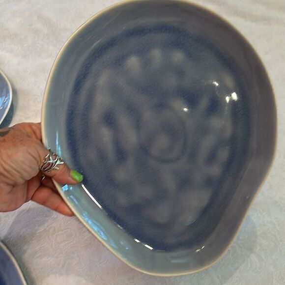 Plates Pottery Blue Cloudy Glazed Asymmetrical Heavy Serve Dinner - Picture 5 of 10